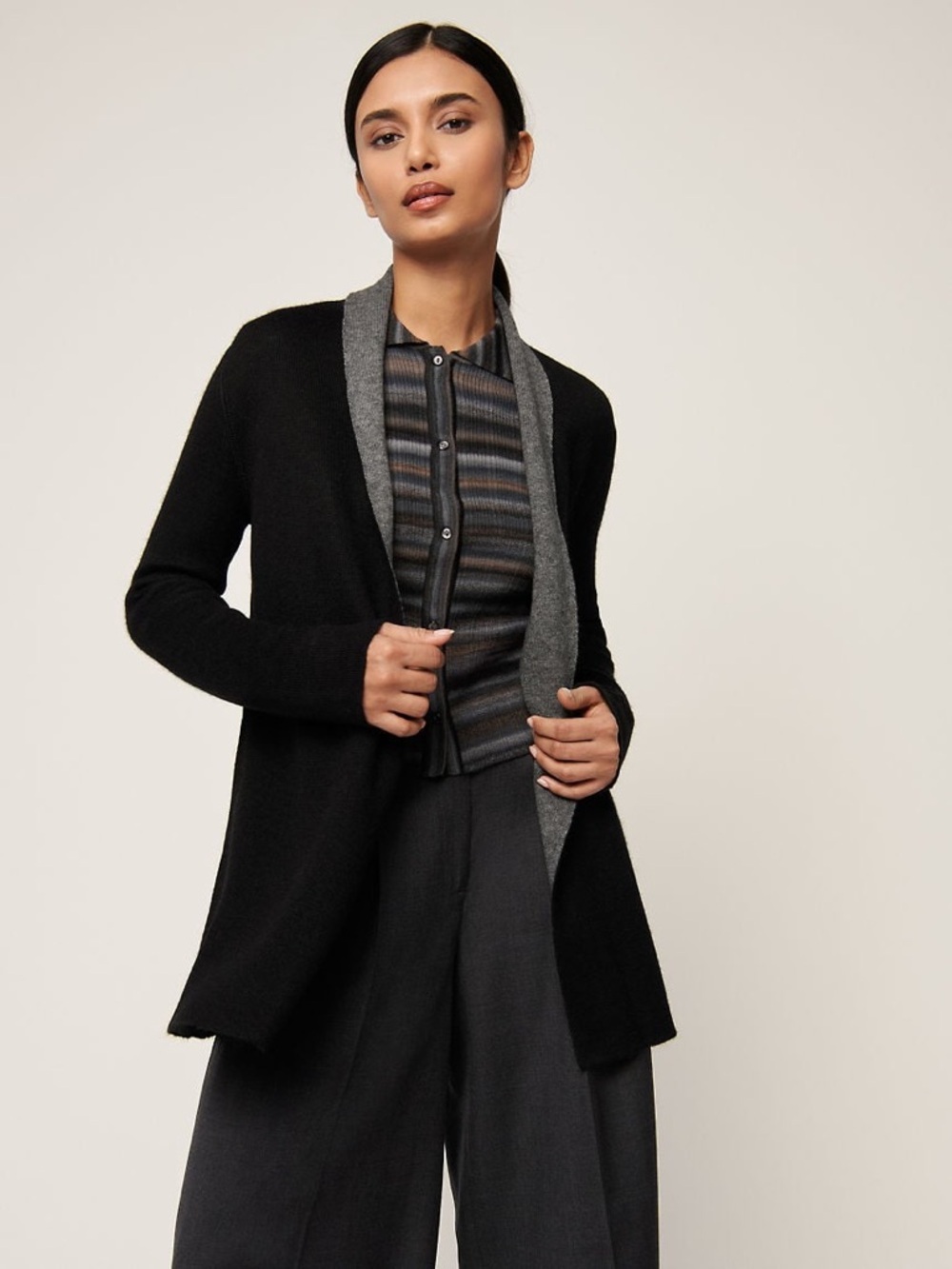 Overland Baby Alpaca Reversible Open Front Cardigan Black Gray Women L Peru